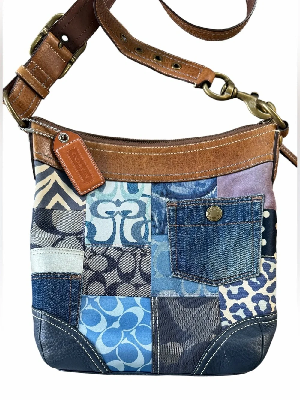 Coach Y2K Denim Patchwork Shoulder Crossbody Bag Whiskey Leather Brass  Hangtag
